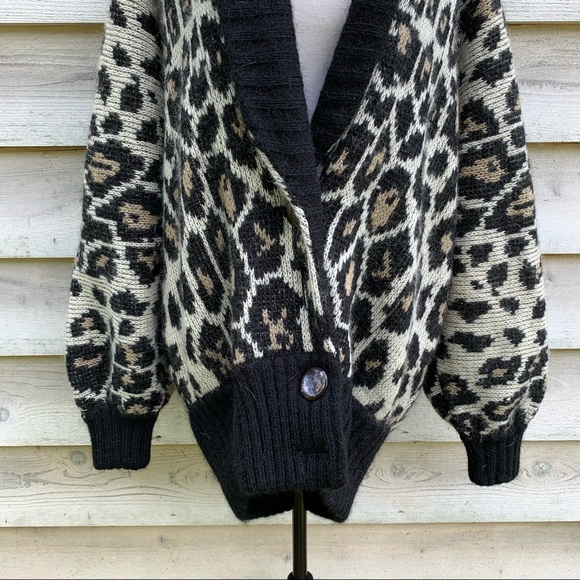 Vintage 80s Wool Mohair Blend Leopard Print Oversized Slouchy Cardigan Sweater - Picture 8 of 16